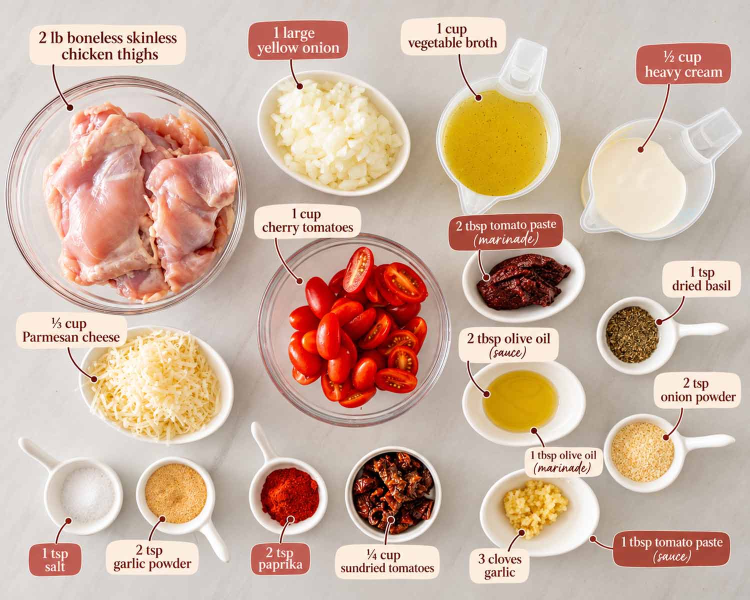 Labeled ingredients for creamy sun-dried tomato chicken thighs arranged in bowls on a warm beige background.
