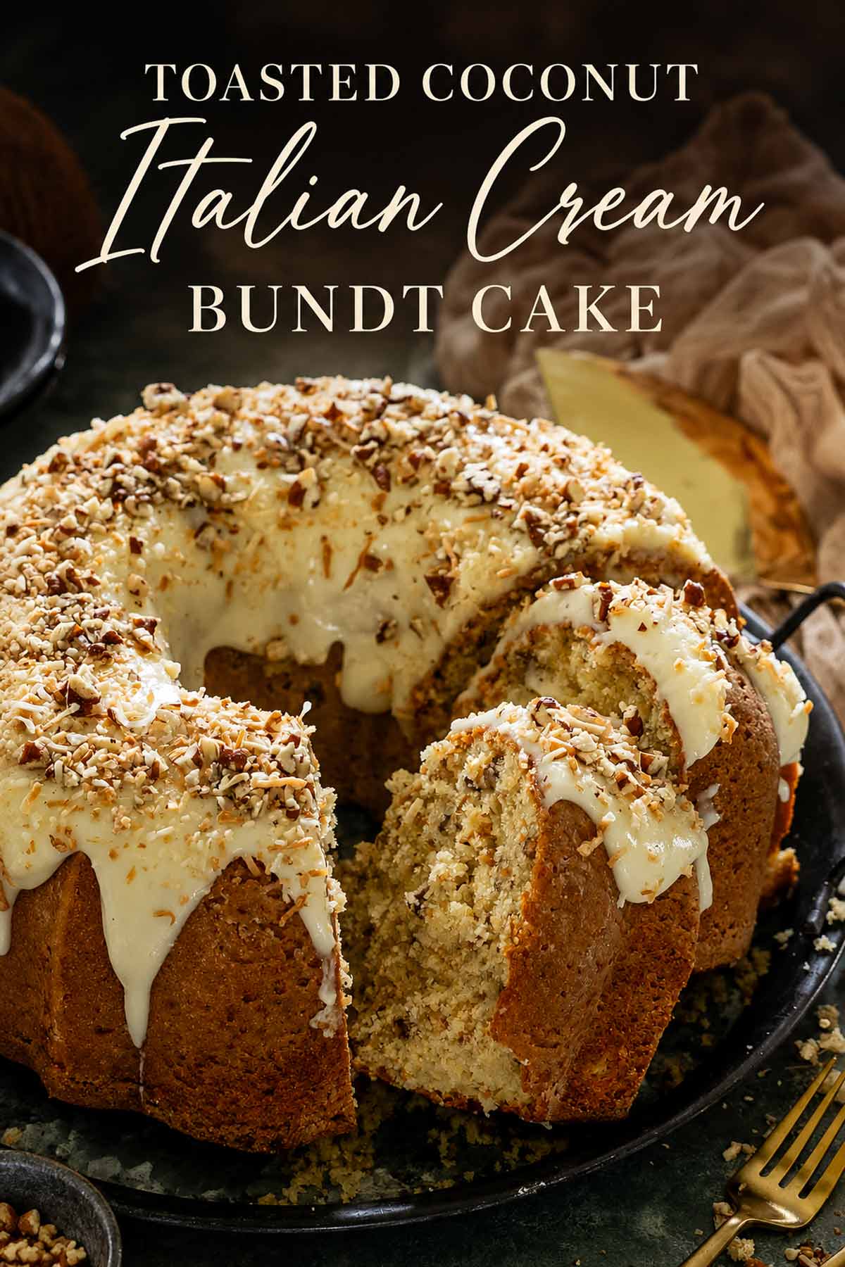 Pinterest image of toasted coconut Italian cream Bundt cake topped with cream cheese glaze, coconut, and chopped pecans.