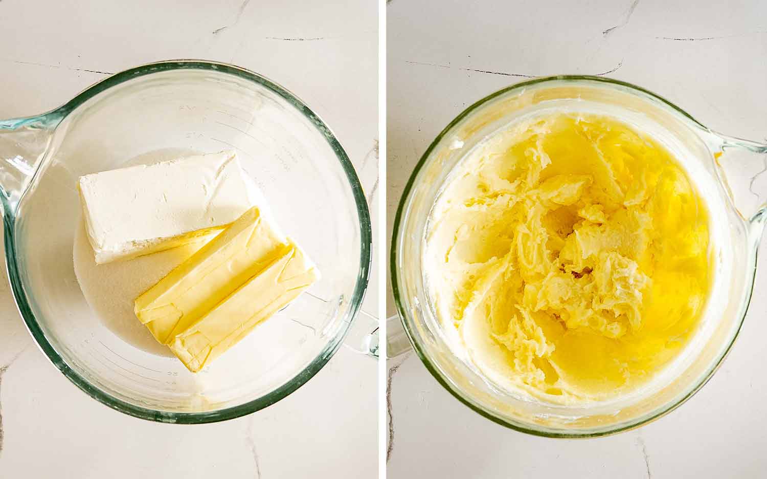 Butter and cream cheese sit in a glass mixing bowl before being beaten together until light and creamy.