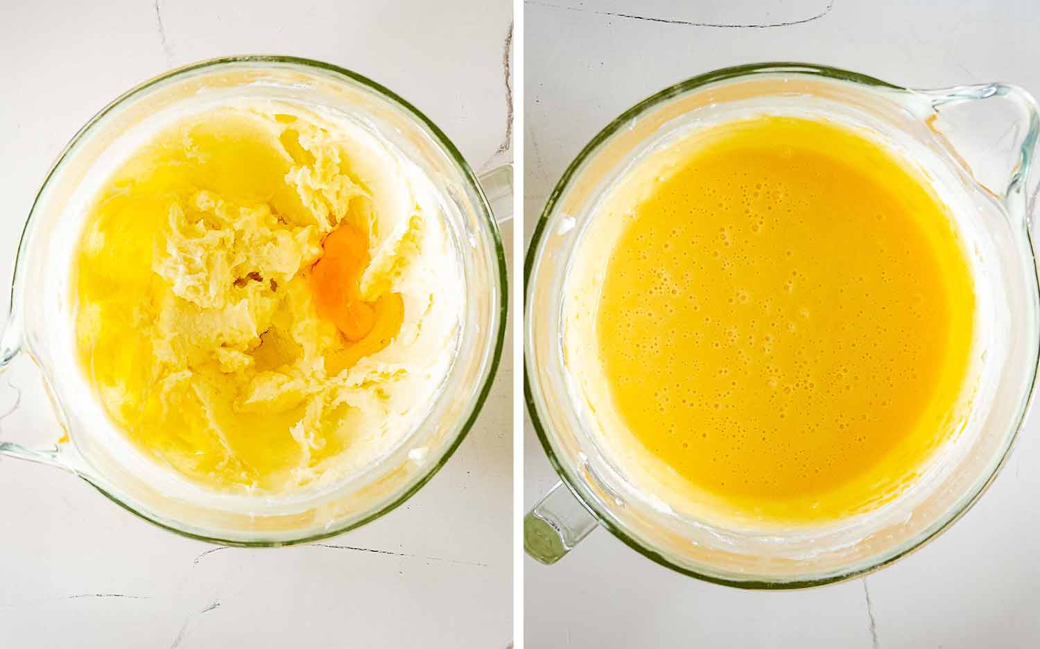 Eggs are added to the creamed butter mixture, then beaten together until smooth, golden, and completely combined.