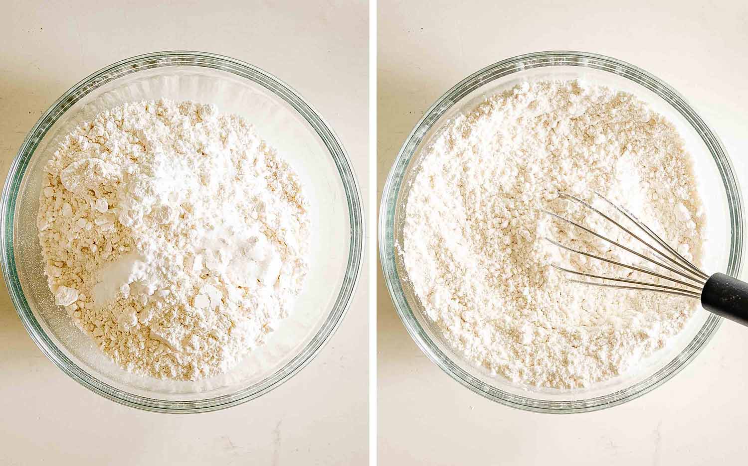 Flour and other dry ingredients sit in a glass bowl before being thoroughly combined using a wire whisk.