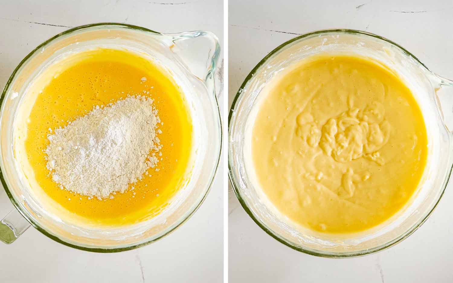 Dry ingredients are gradually added to the golden cake mixture and blended until the batter becomes smooth and creamy.