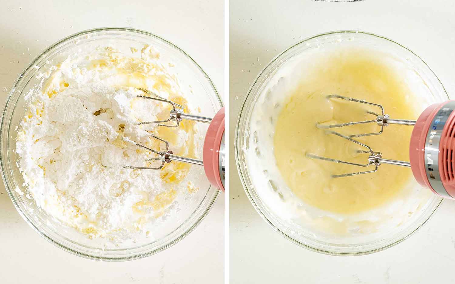 Powdered sugar is beaten into the cream cheese mixture until it becomes a smooth, creamy glaze for the cake.