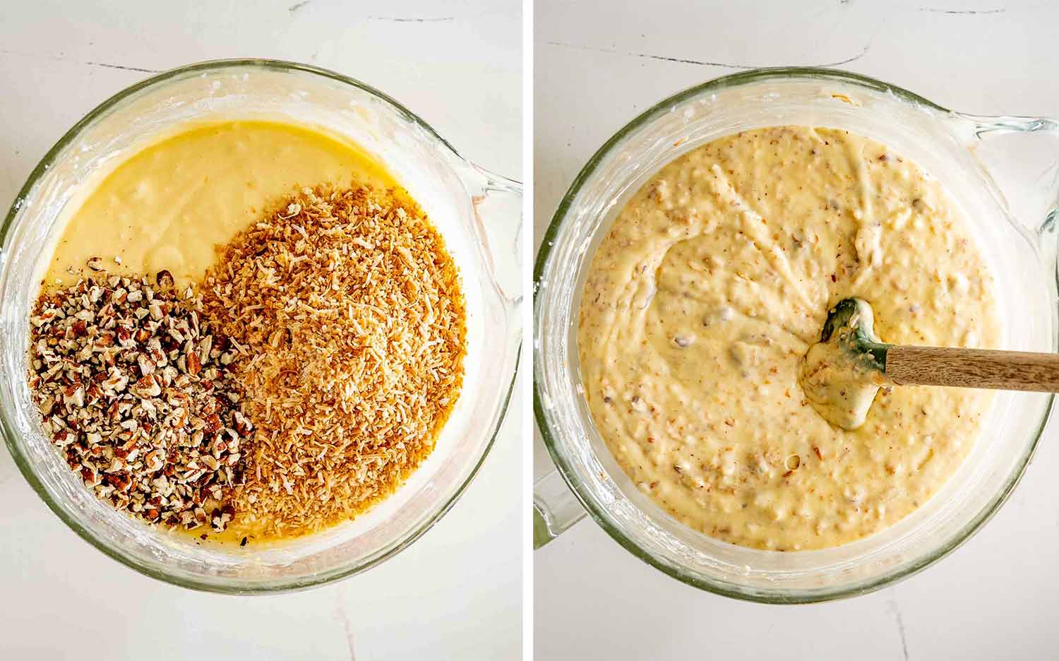 Toasted coconut and chopped pecans are added to the cake batter, then gently folded in until evenly combined.