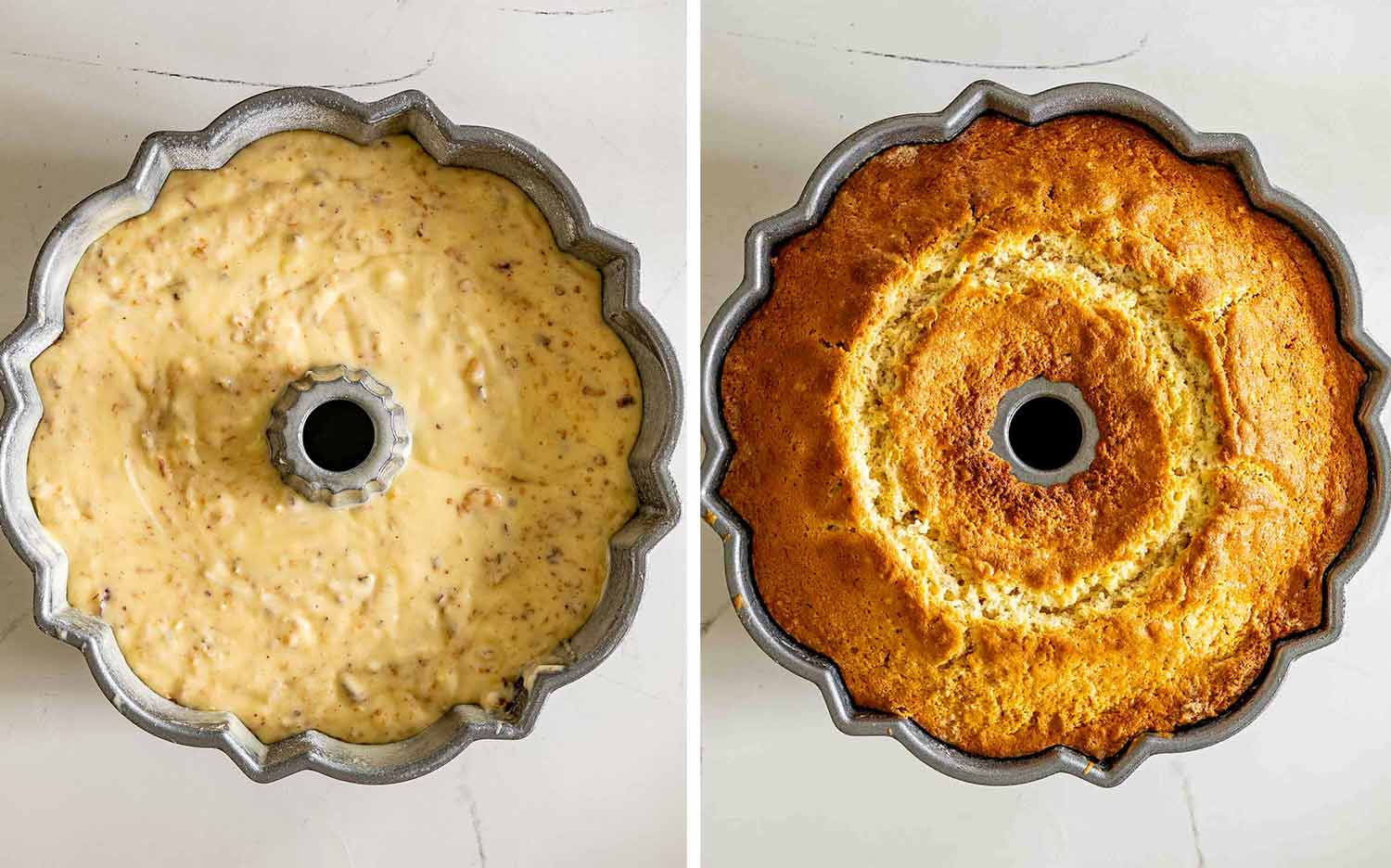 Italian cream cake batter fills a prepared Bundt pan before baking into a beautifully risen, golden brown cake.