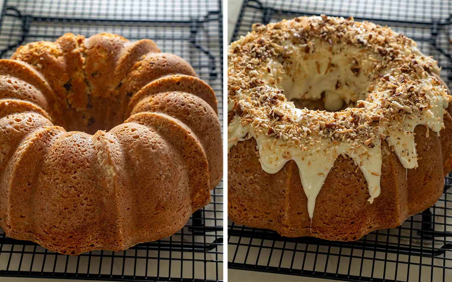 Golden Italian cream Bundt cake shown cooling, then finished with cream cheese glaze, toasted coconut, and chopped pecans.