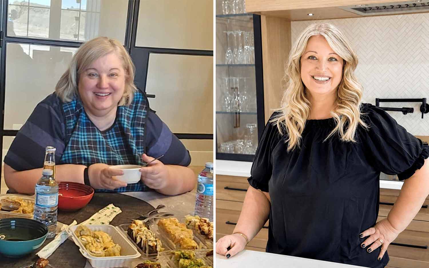 Before and after photos of Joanna Cismaru showing her transformation after losing 150 pounds during her weight loss journey.