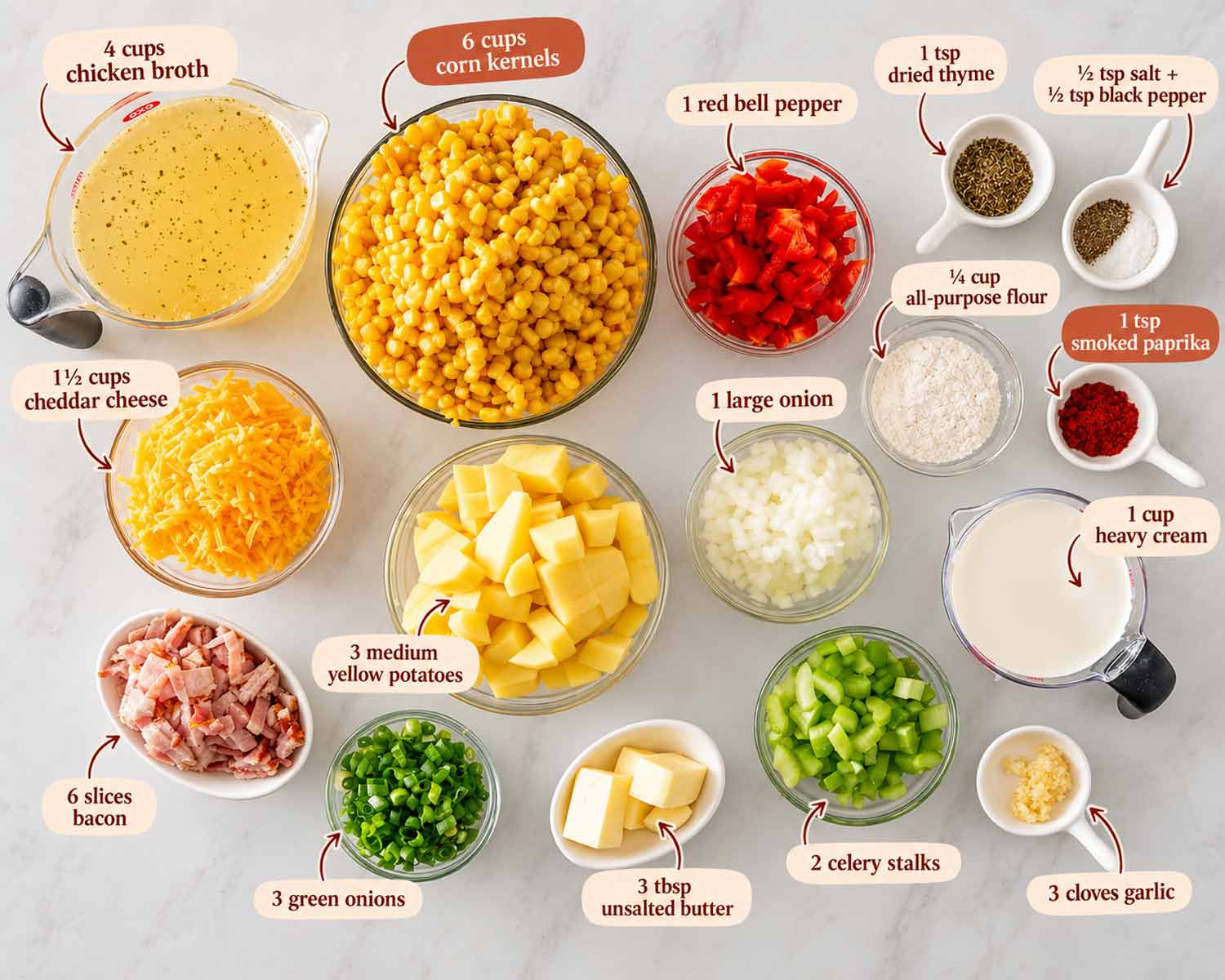 Labeled ingredients for loaded corn chowder arranged in bowls and measuring cups on a softly lit neutral background.