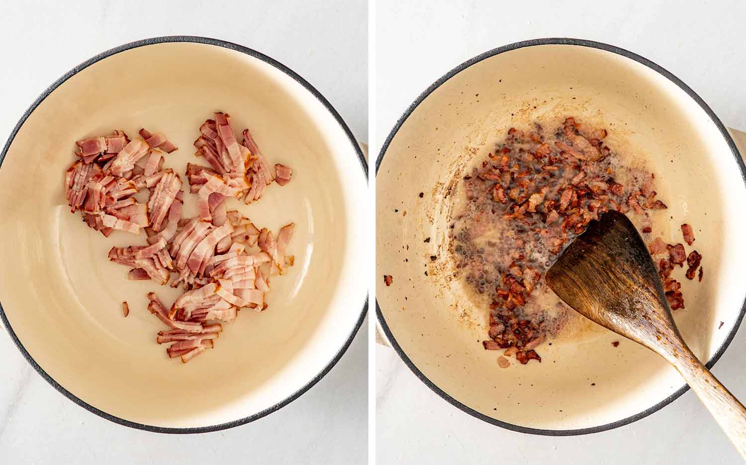 Chopped bacon added to a Dutch oven, then cooked and stirred until deeply browned and crisp around the edges.