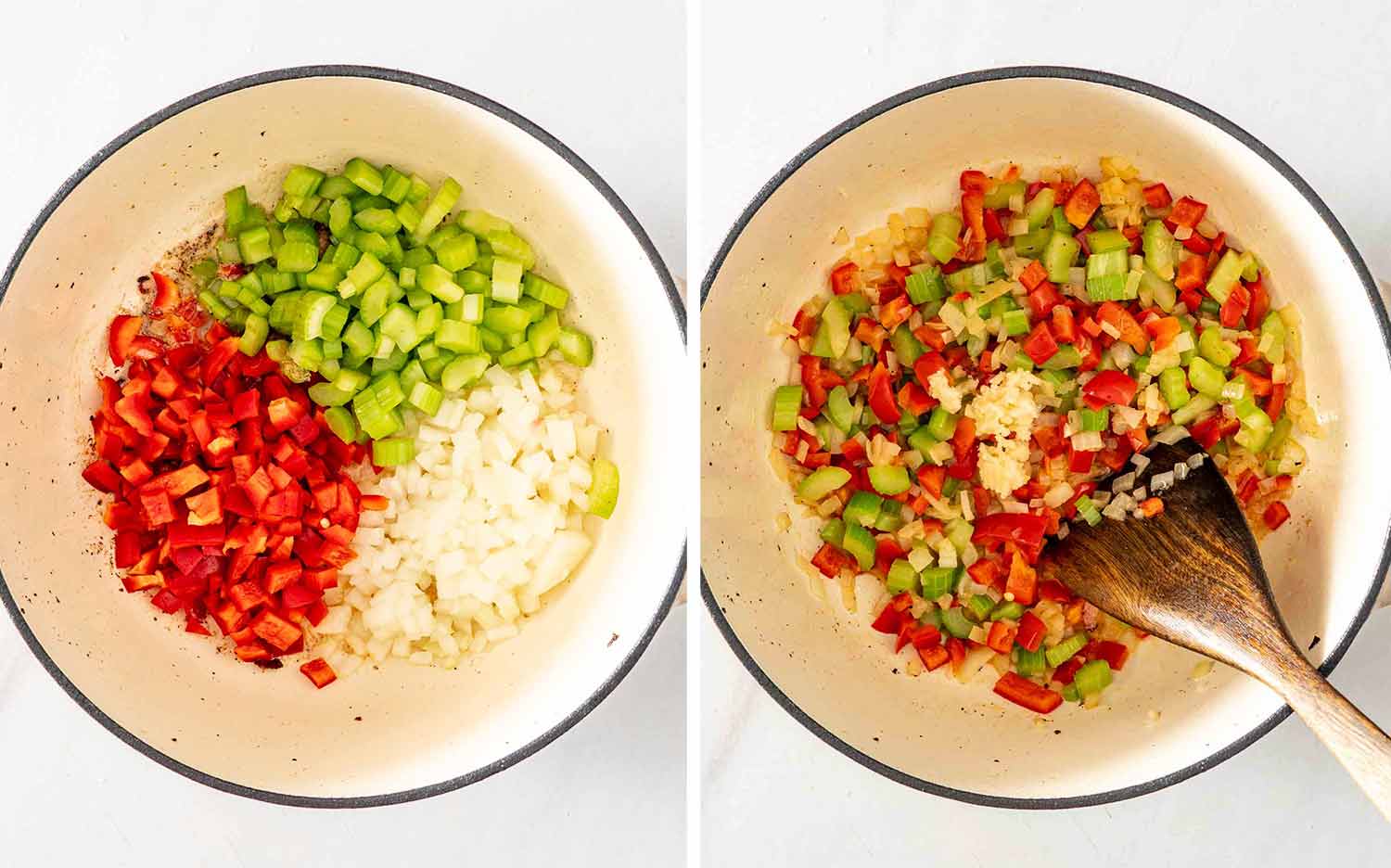 Diced onion, celery, and red bell pepper added to the pot, then saut&eacute;ed with garlic until softened.
