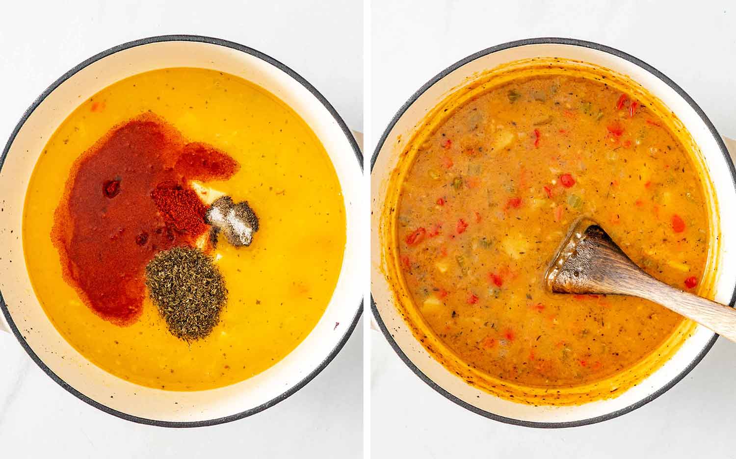 Smoked paprika, thyme, salt, and pepper added to broth, then stirred into a smooth, warmly colored soup base.