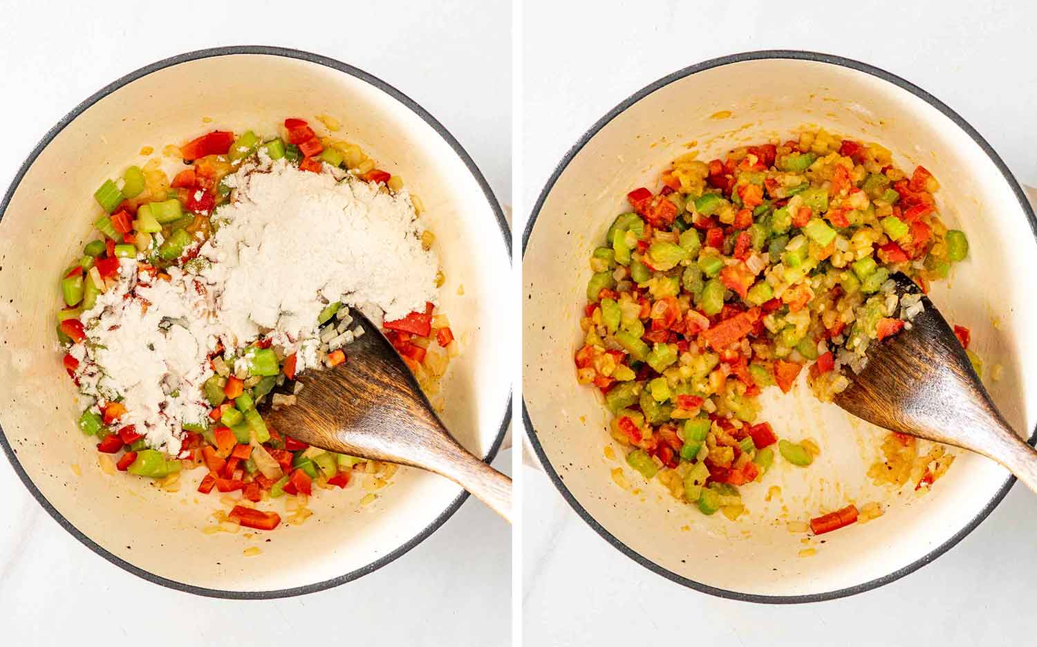Flour sprinkled over saut&eacute;ed vegetables, followed by the thickened vegetable mixture cooking with butter in the Dutch oven.