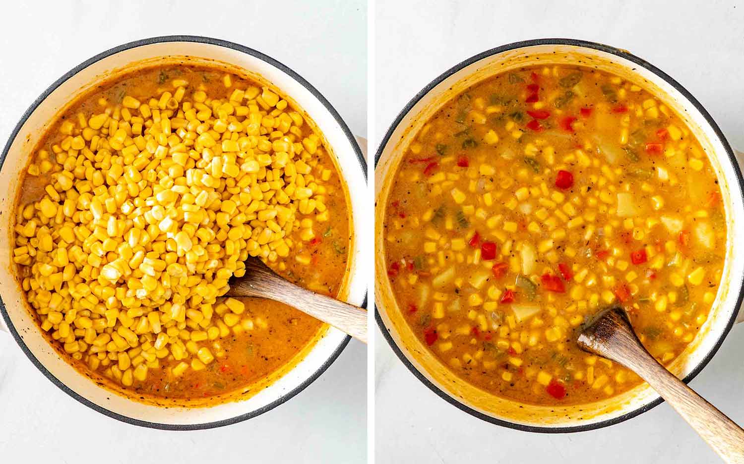 Corn kernels added to the seasoned broth, followed by the chowder simmering with potatoes and colorful diced vegetables.