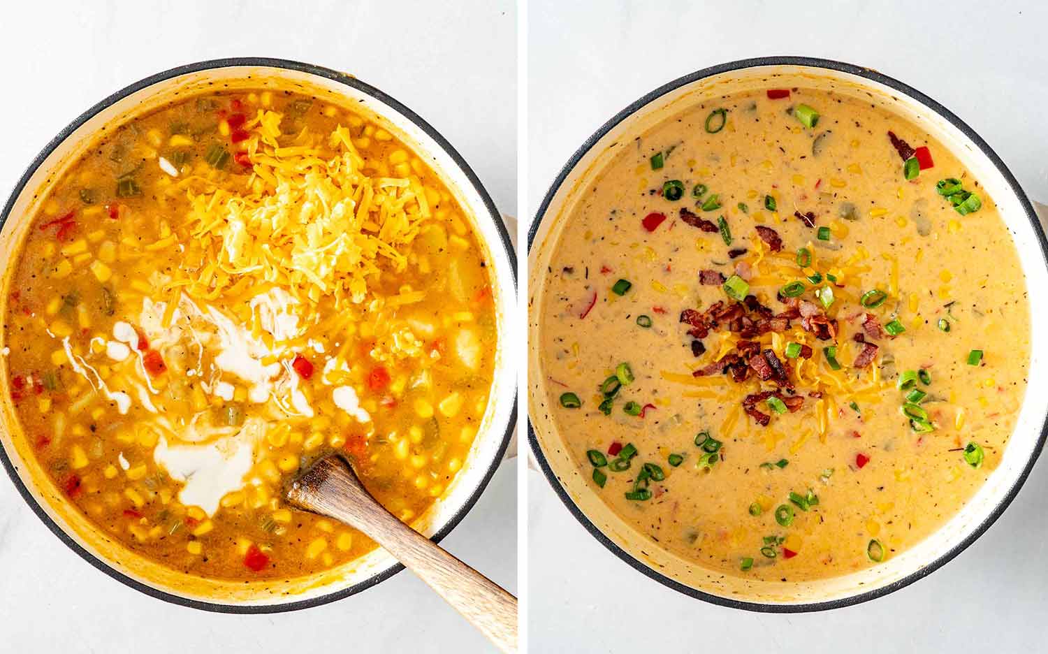 Cheddar cheese melting into loaded corn chowder, followed by the finished soup topped with bacon and sliced green onions.