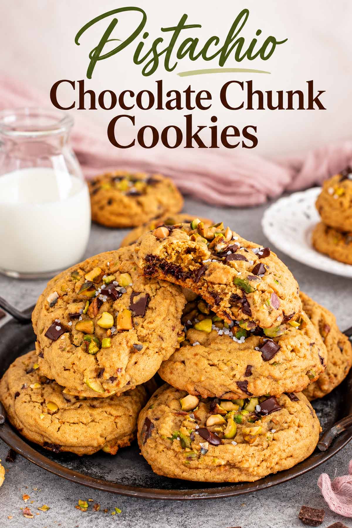 Pistachio chocolate chunk cookies piled on a dark plate with milk and an elegant green and brown title above.