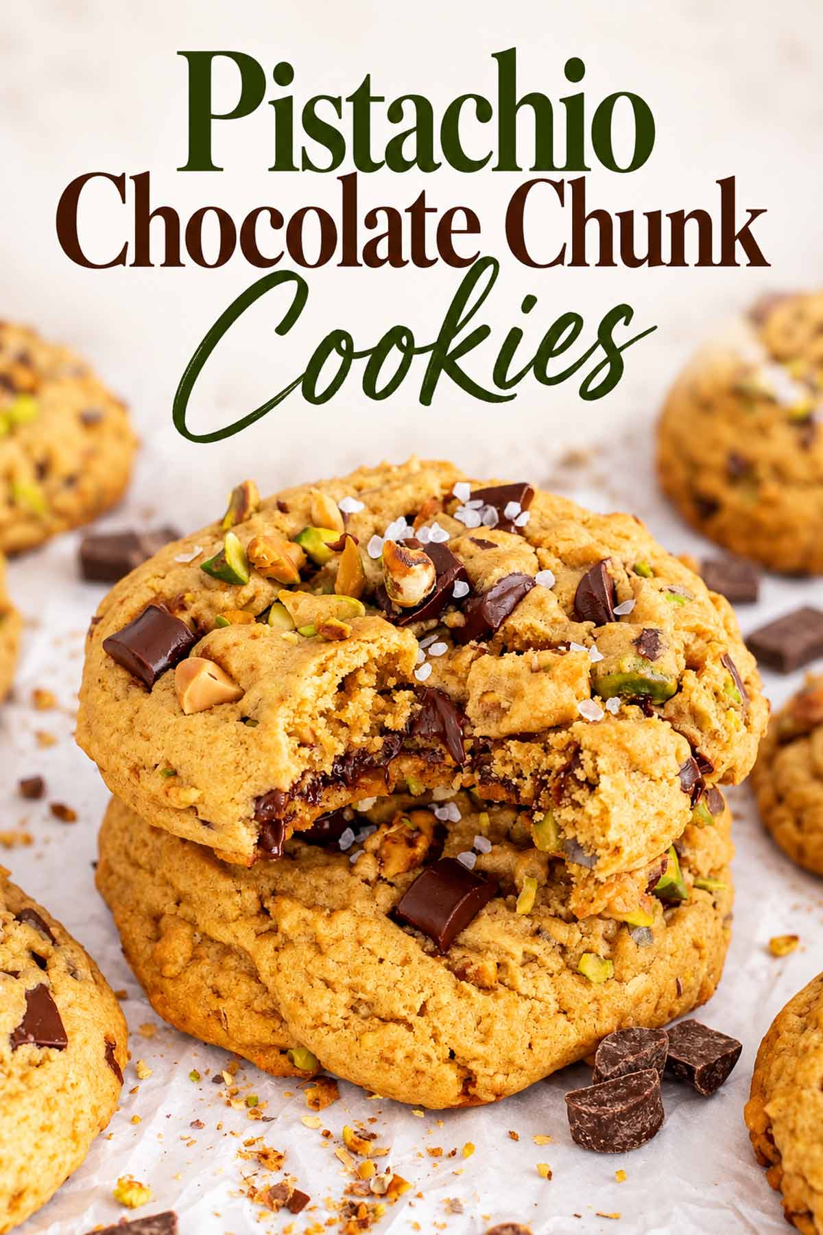 Stacked pistachio chocolate chunk cookies with a broken gooey center appear beneath an elegant green and brown recipe title.