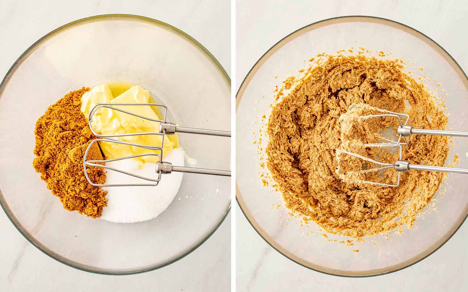 Softened butter is added to brown and granulated sugars, then beaten until the mixture becomes pale and fluffy.