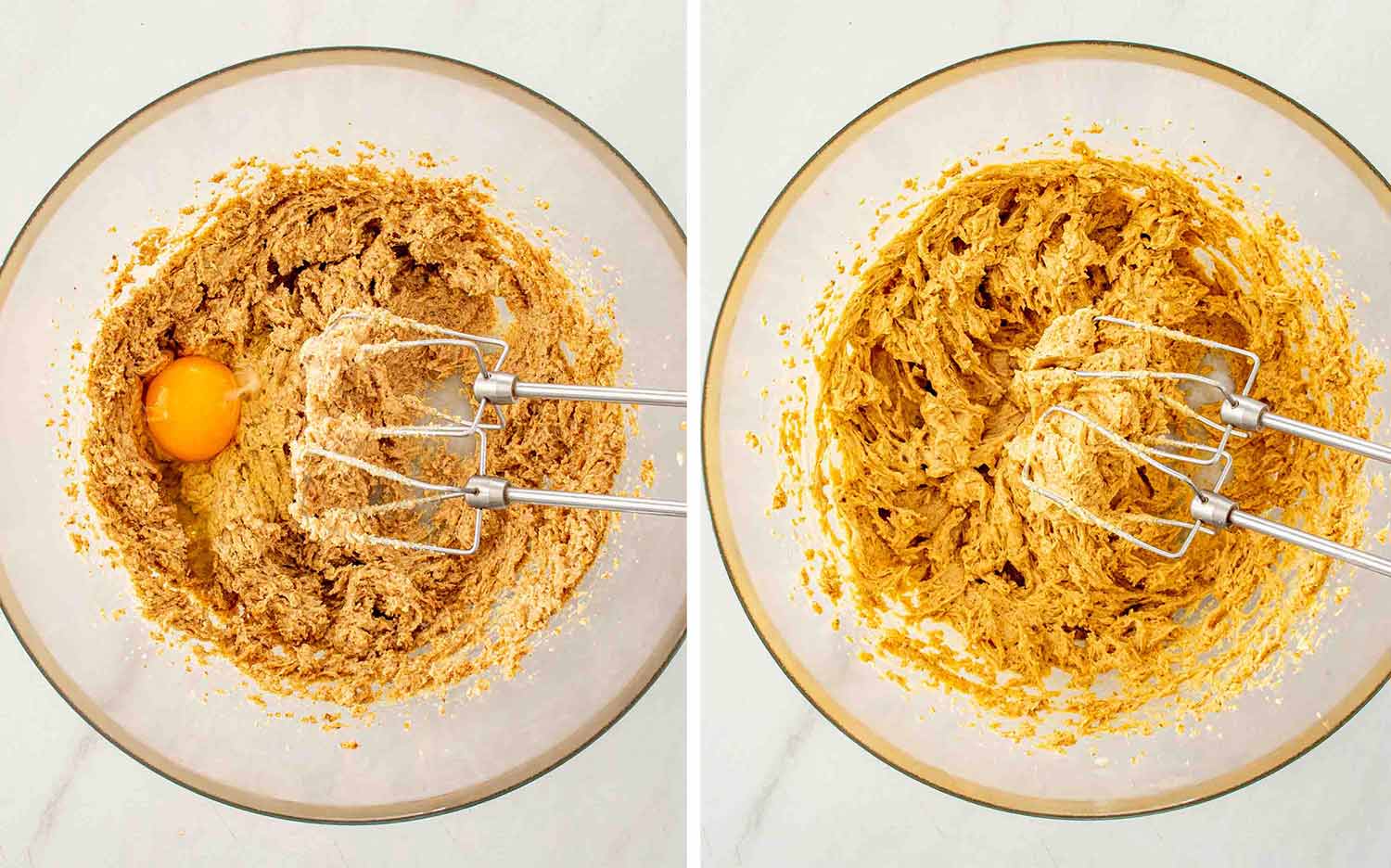 Eggs and egg yolks are beaten into the creamed butter and sugars until the mixture becomes smooth.