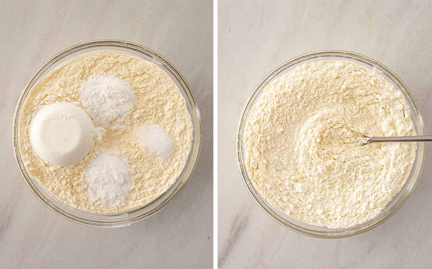Flour, cornstarch, baking soda, baking powder and salt are whisked together in a clear glass bowl until evenly combined.