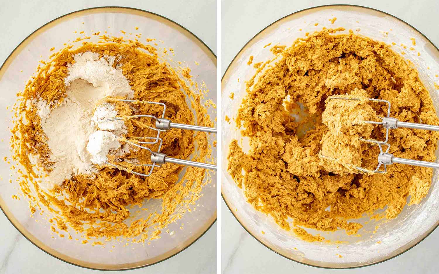 Dry ingredients are added to the creamed butter mixture, then blended just until a thick cookie dough forms.