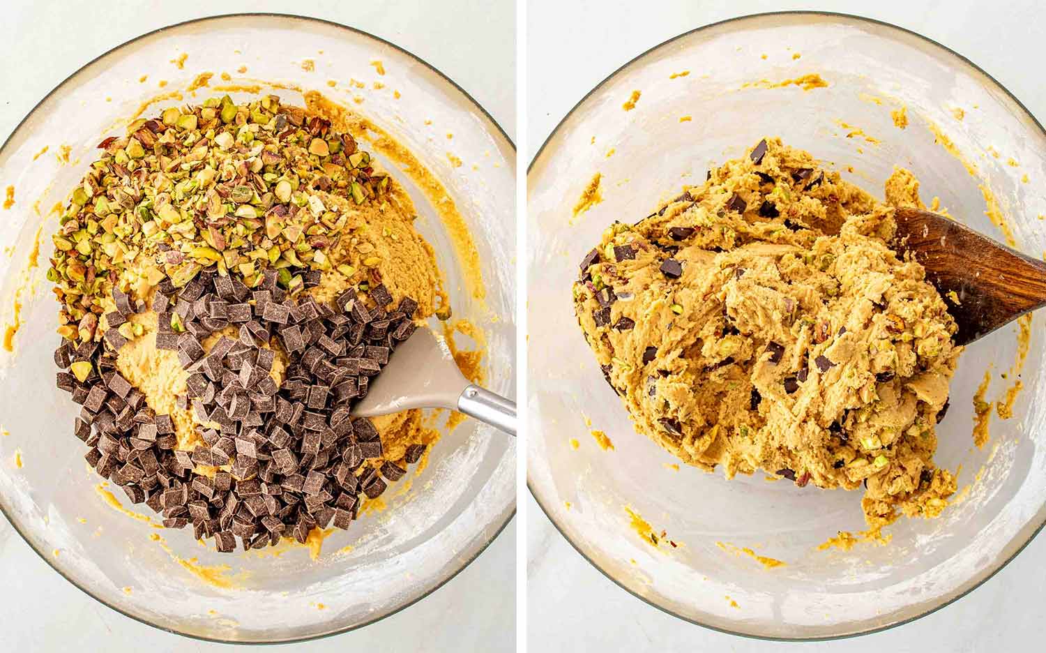 Chopped pistachios and dark chocolate are folded into thick cookie dough until evenly distributed throughout the mixture.