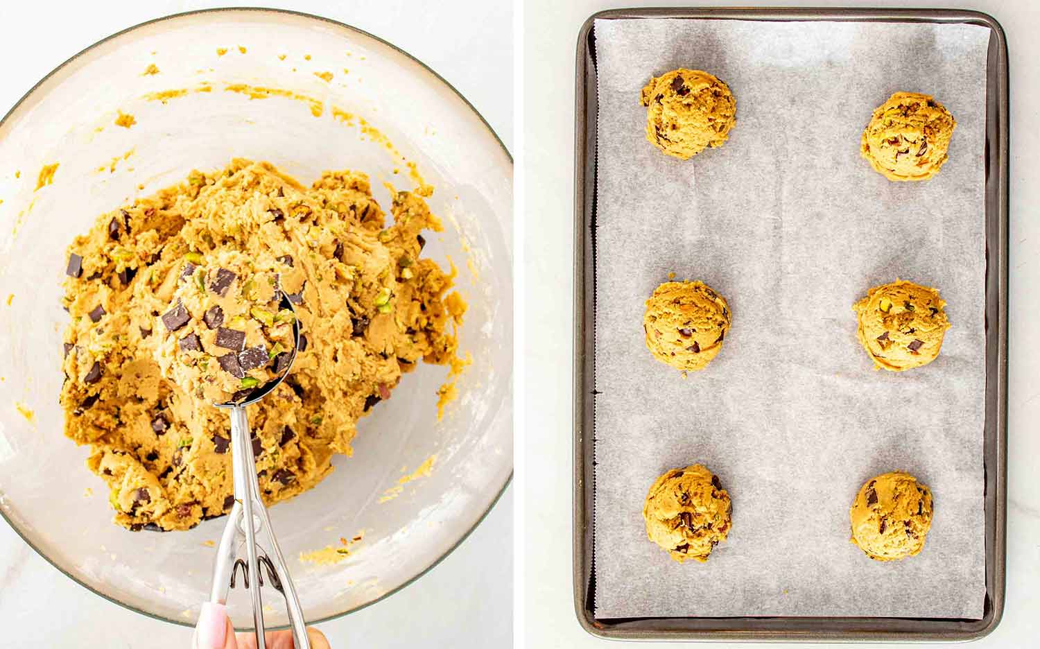 Cookie dough is portioned with a large scoop, then arranged in tall mounds on a parchment-lined baking sheet.