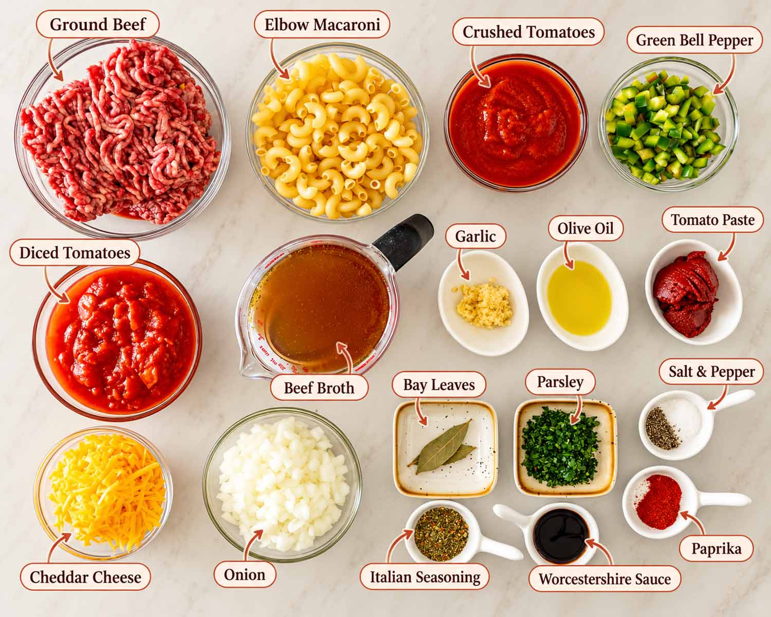 Labeled American goulash ingredients arranged in bowls, including ground beef, macaroni, tomatoes, cheddar, vegetables, broth, herbs and seasonings.