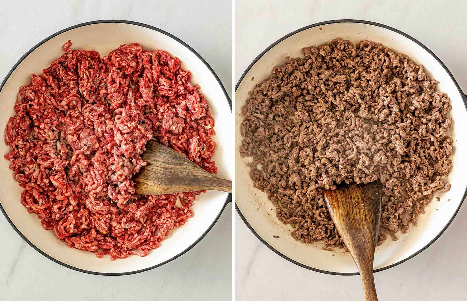 Side-by-side photos showing raw ground beef and browned beef crumbles in a cream enamel pot with a wooden spoon.