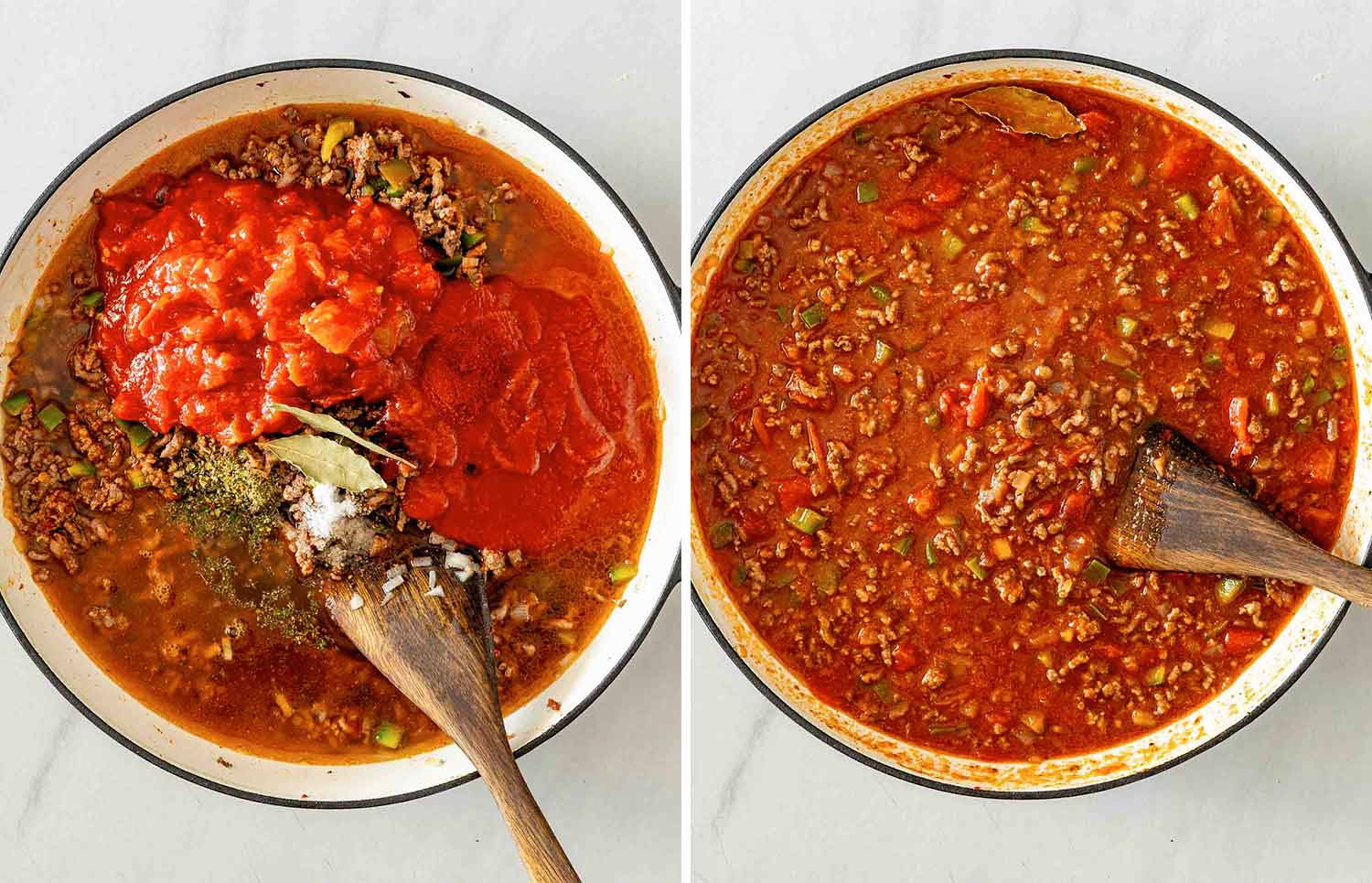 Tomatoes, broth, seasonings and bay leaves added to browned beef and vegetables, then stirred together into a red sauce.