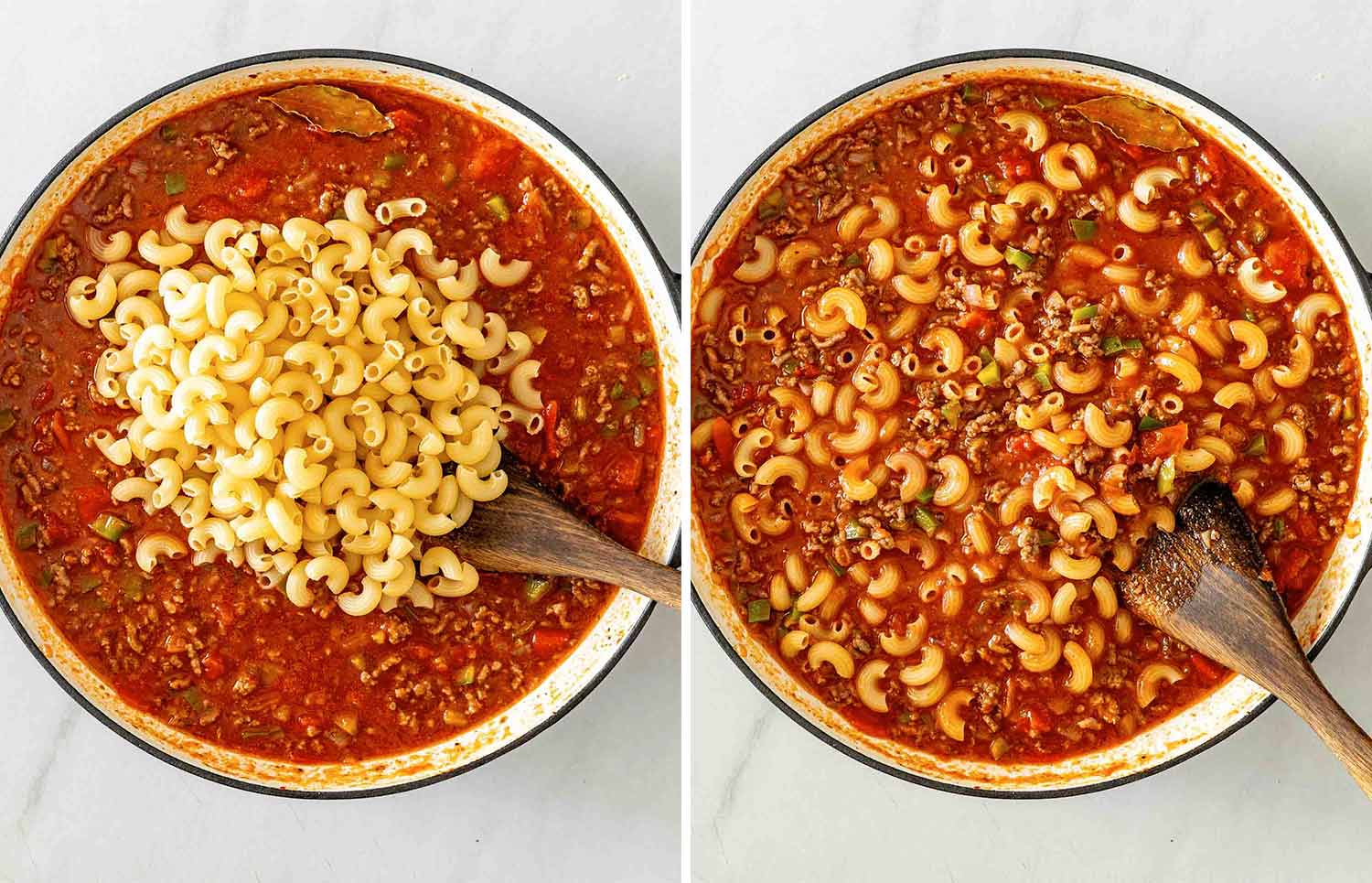Uncooked elbow macaroni added to beef and tomato sauce, then stirred through with a wooden spoon for cooking.