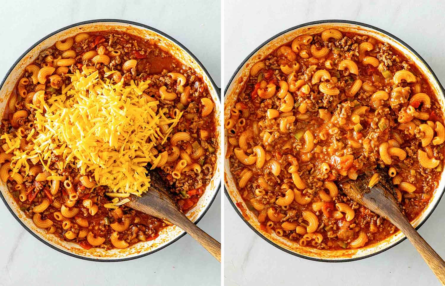Shredded cheddar added to cooked beef and macaroni, then stirred into the tomato sauce until melted and creamy.