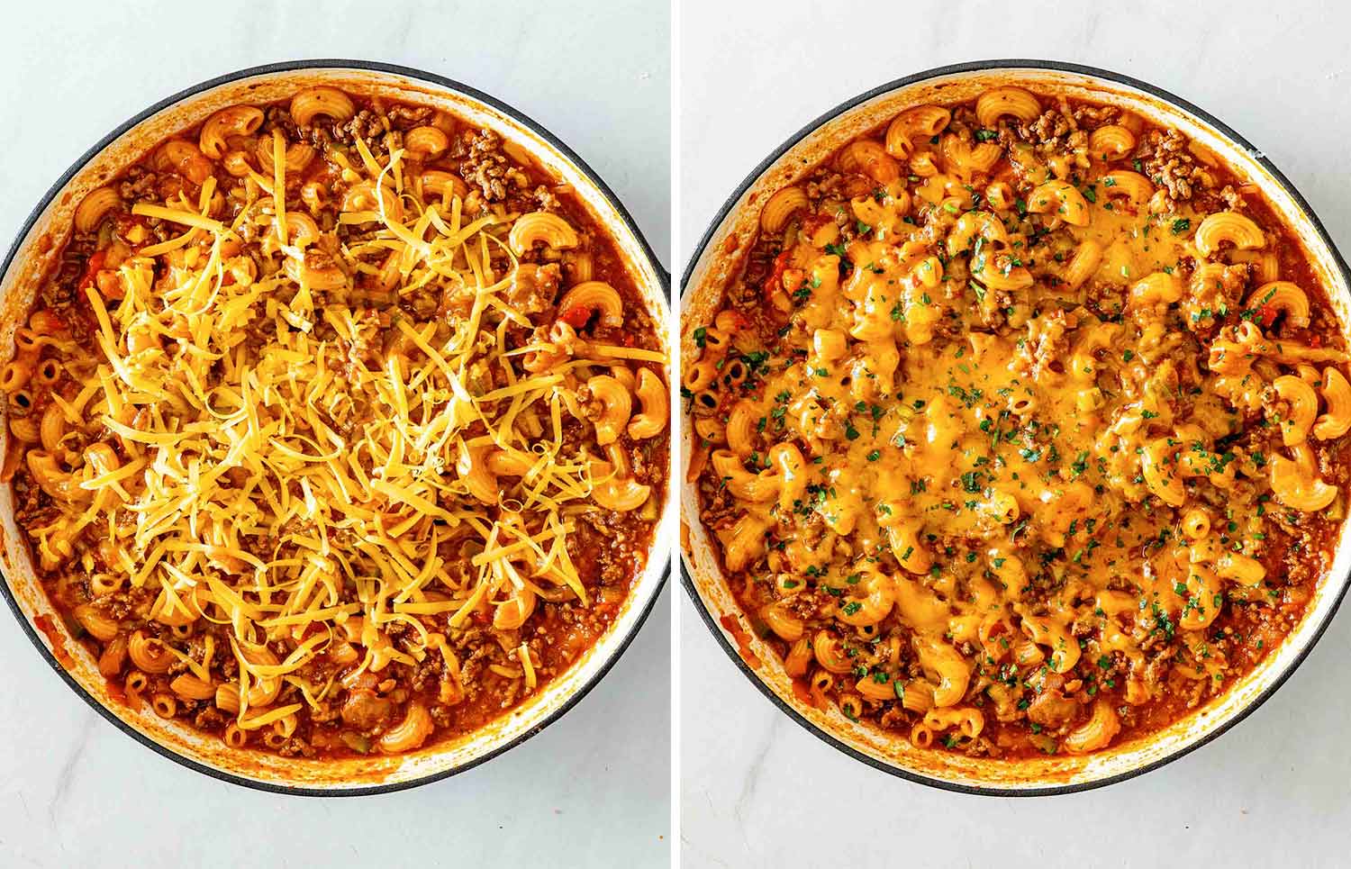 Two photos showing American goulash topped with shredded cheddar, then finished with melted cheese and chopped fresh parsley.