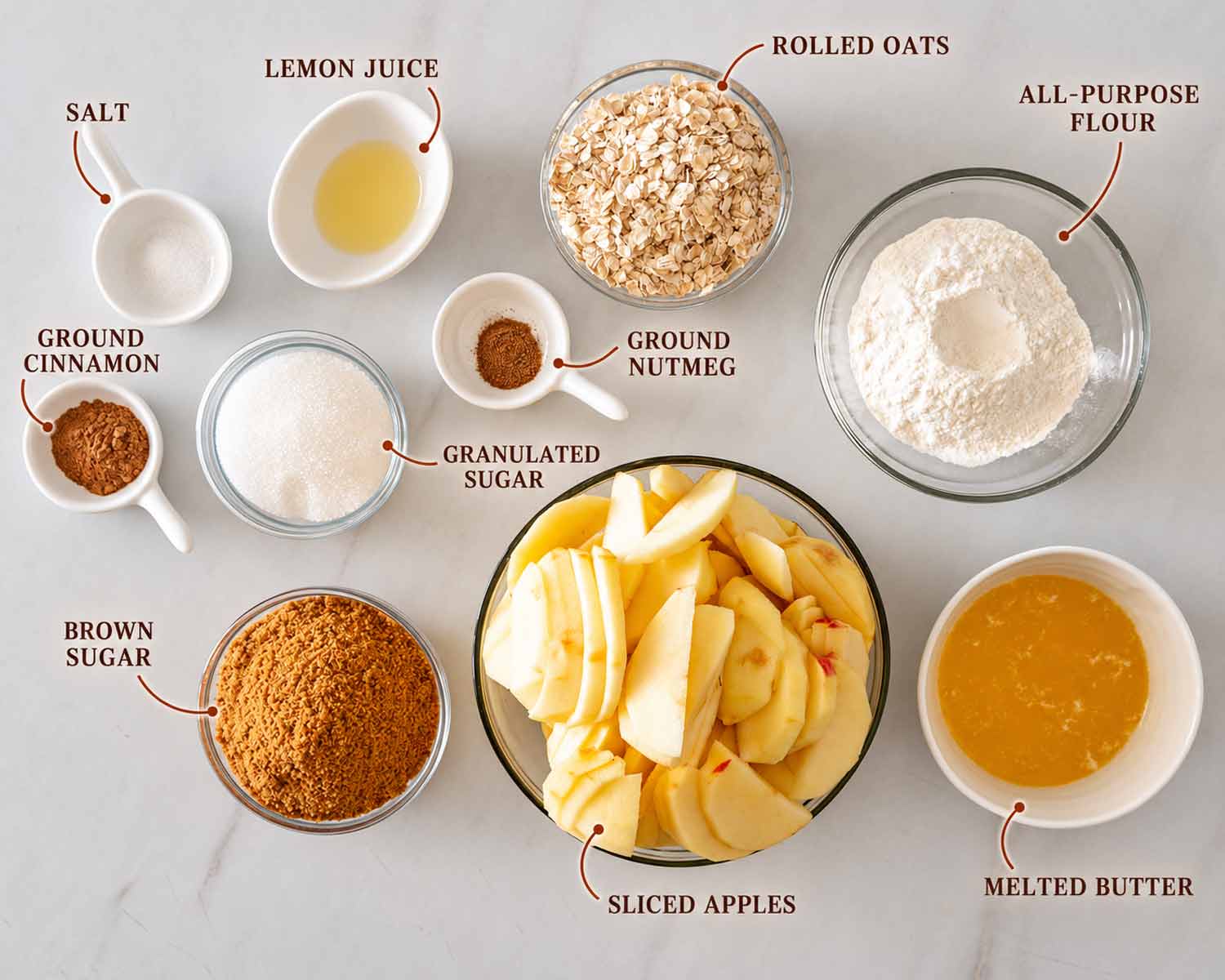 Labeled overhead arrangement of sliced apples, oats, flour, sugars, melted butter, lemon juice, cinnamon, nutmeg, and salt.