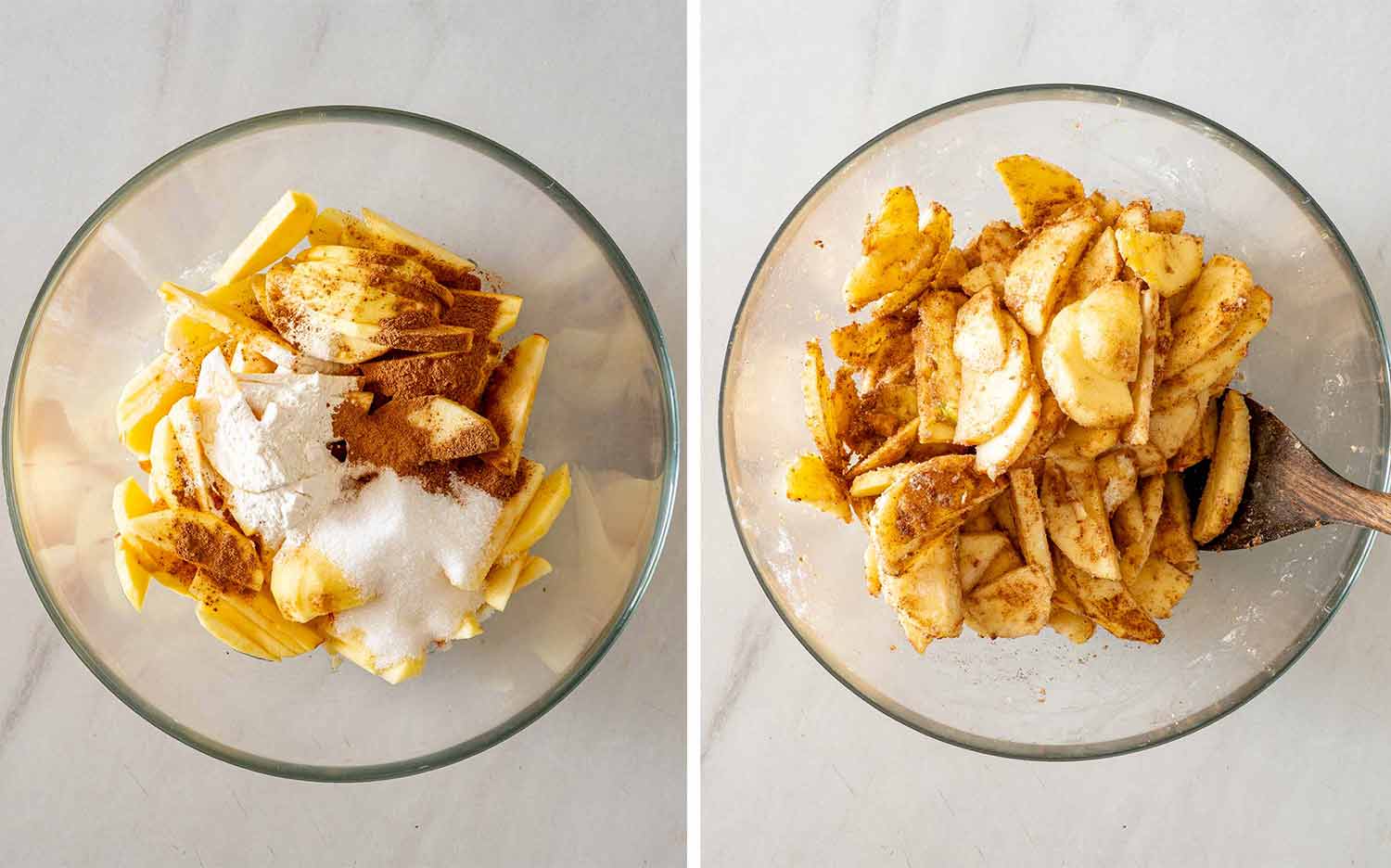 Sliced apples combined with sugar, flour, lemon juice, cinnamon, and nutmeg, then tossed until evenly coated.