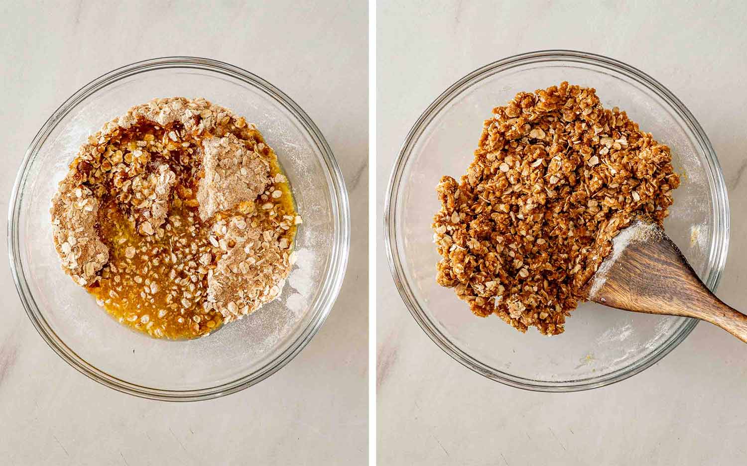 Oats, flour, brown sugar, cinnamon, and melted butter before and after mixing into a crumbly apple crisp topping.