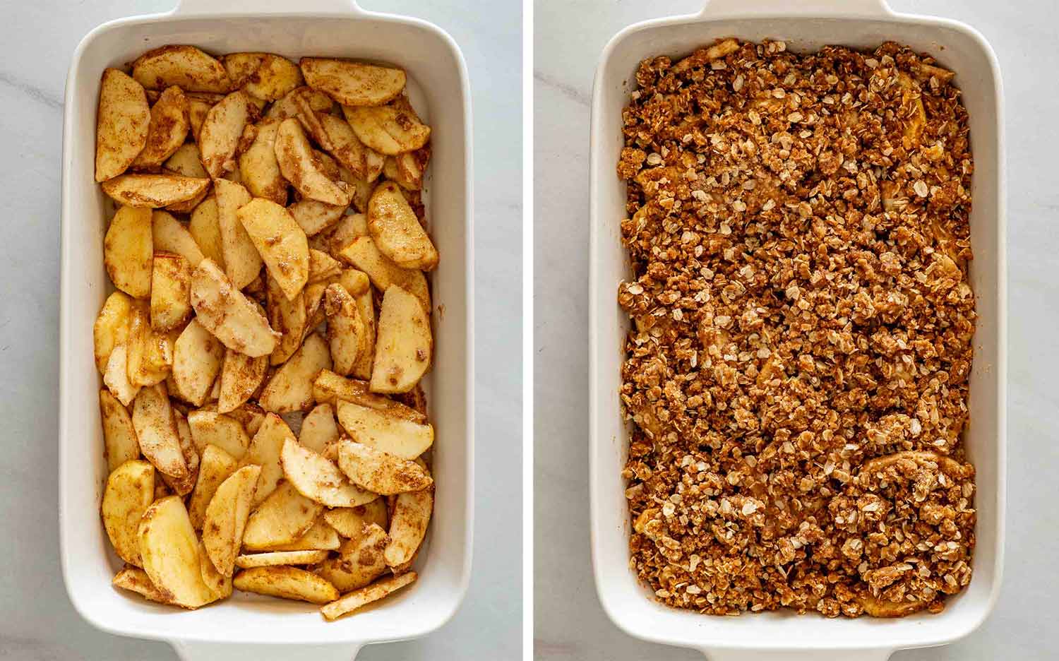 Apple filling spread in a baking dish beside the same dish covered evenly with the prepared oat crisp topping.