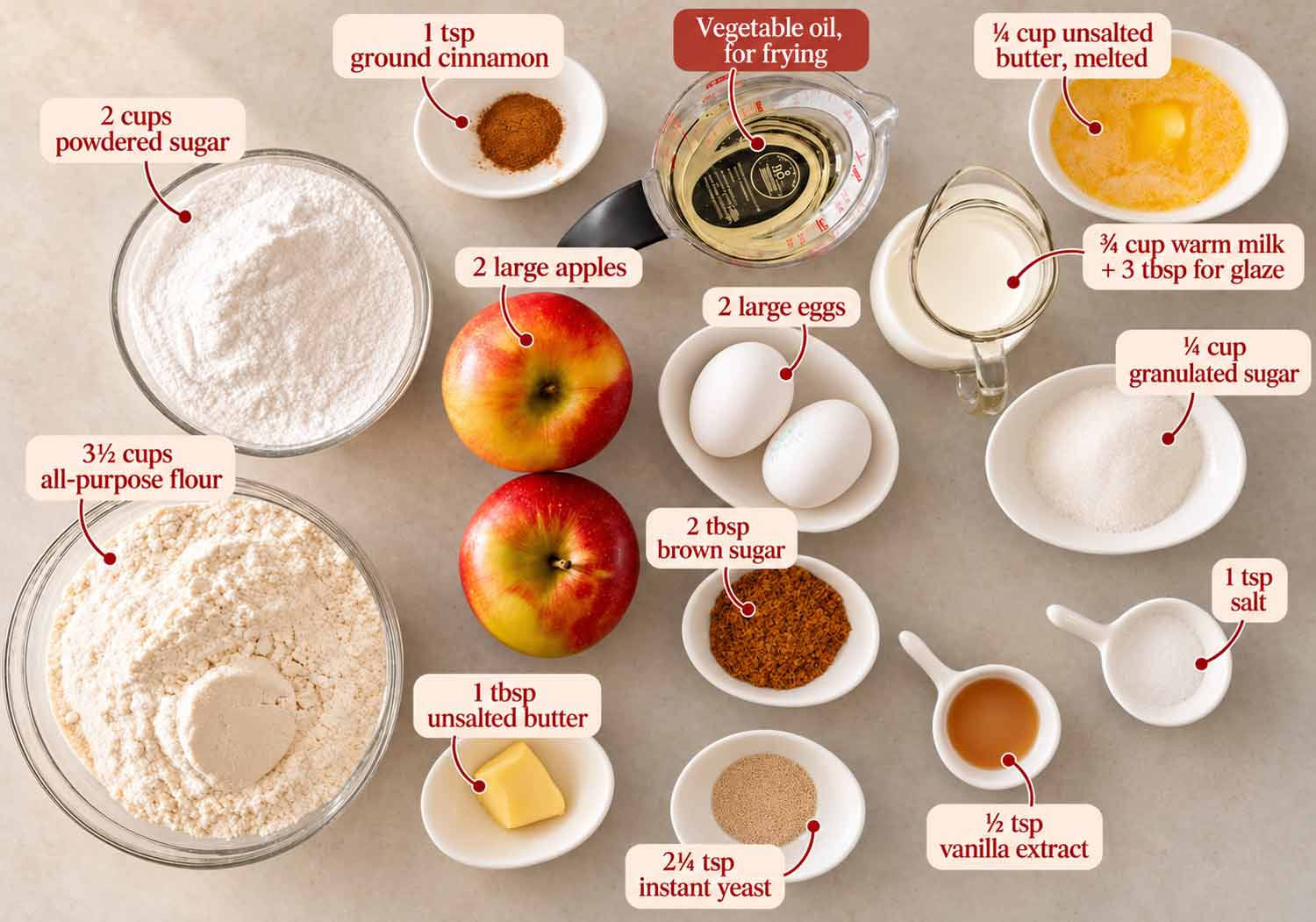 Labeled ingredients for old fashioned apple fritters, including apples, flour, sugars, eggs, milk, butter, cinnamon, yeast, and oil.