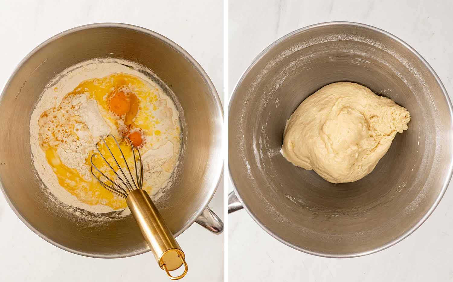 Flour, eggs, milk, and melted butter are mixed in a stand mixer, forming a soft apple fritter dough.