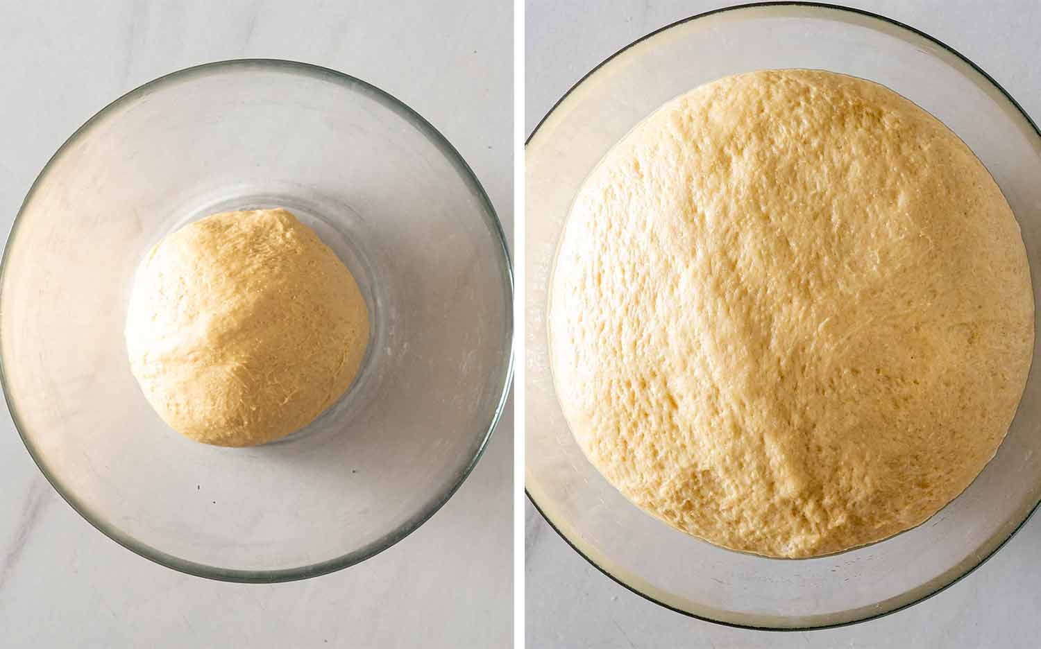 Apple fritter dough rests in a glass bowl before and after rising until doubled, airy, and ready to shape.