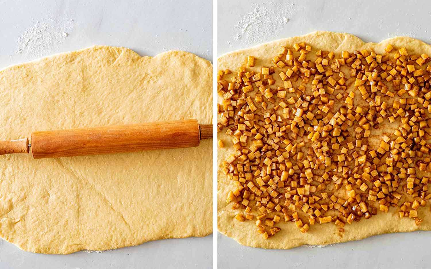 Risen dough is rolled into a large rectangle, then covered evenly with the cooked cinnamon apple filling.
