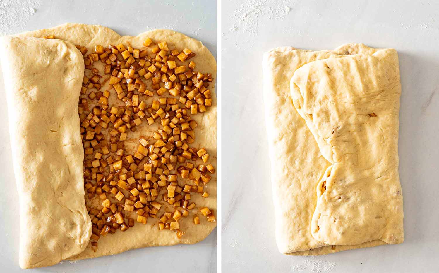 Apple-filled dough is folded inward from both sides, creating layered pockets of cinnamon apples throughout the fritters.