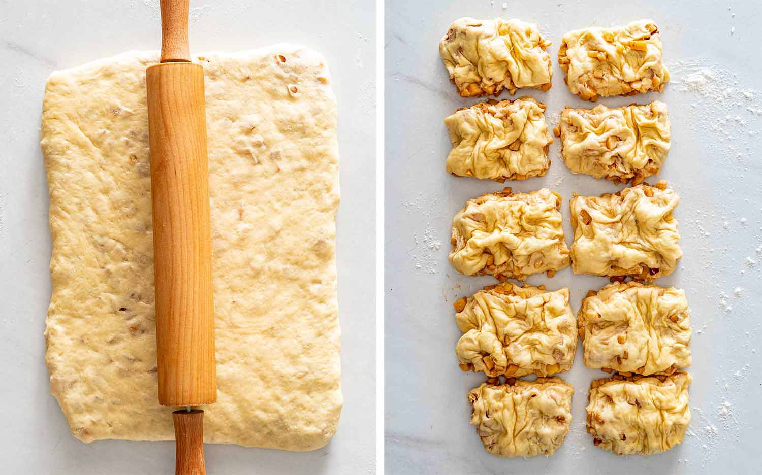 Folded apple dough is rolled into a thick rectangle, then cut into ten rustic pieces for individual fritters.