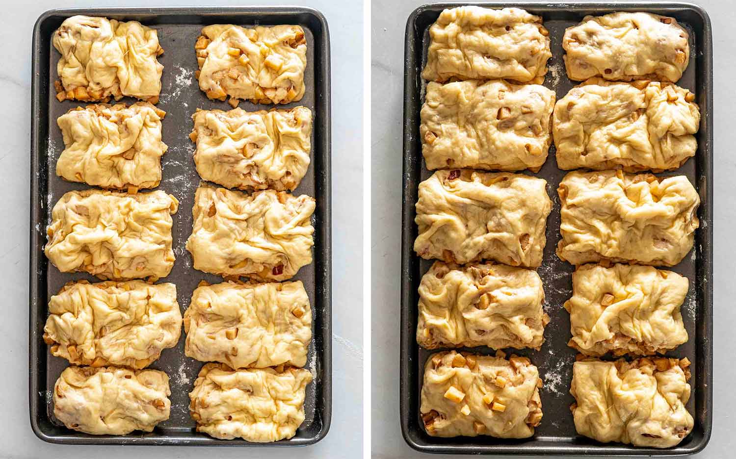 Ten shaped apple fritters rest on a baking sheet before and after their final rise, becoming visibly puffy.