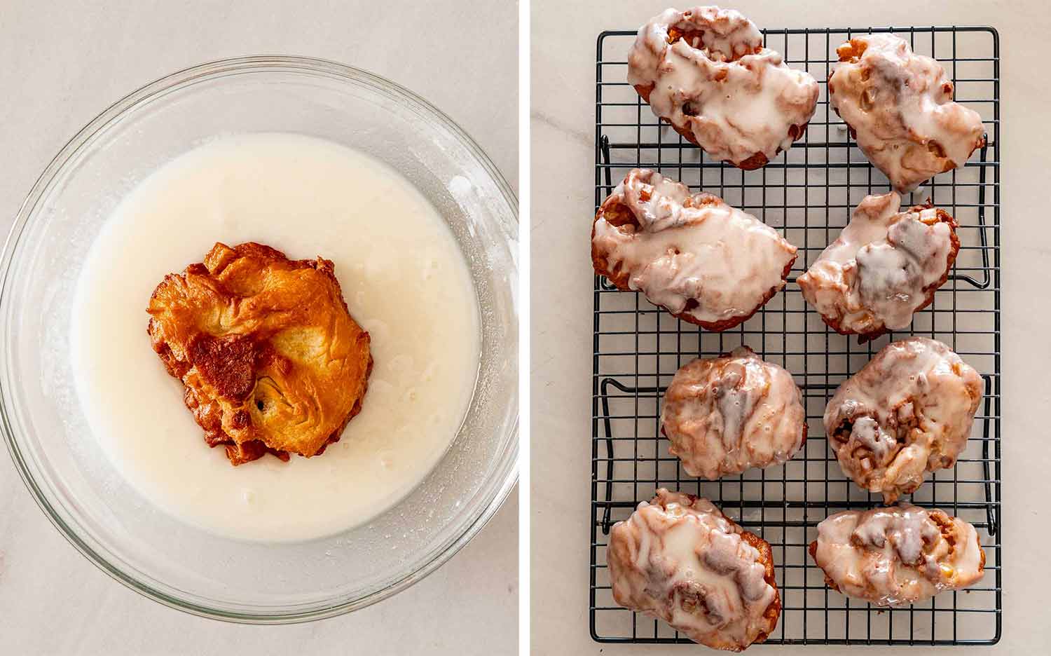 A freshly fried apple fritter is dipped in vanilla glaze, then placed with glazed fritters on a cooling rack.