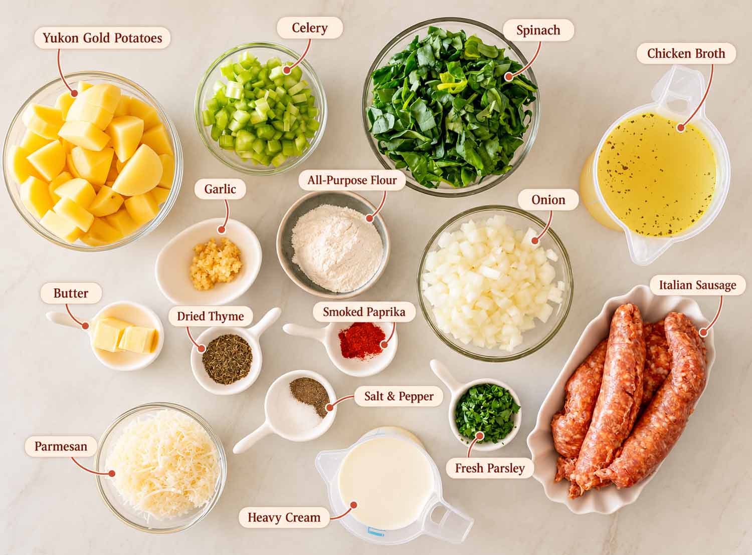 Labeled ingredients for sausage potato soup include Italian sausage, potatoes, spinach, broth, cream, Parmesan, vegetables, herbs, and seasonings.