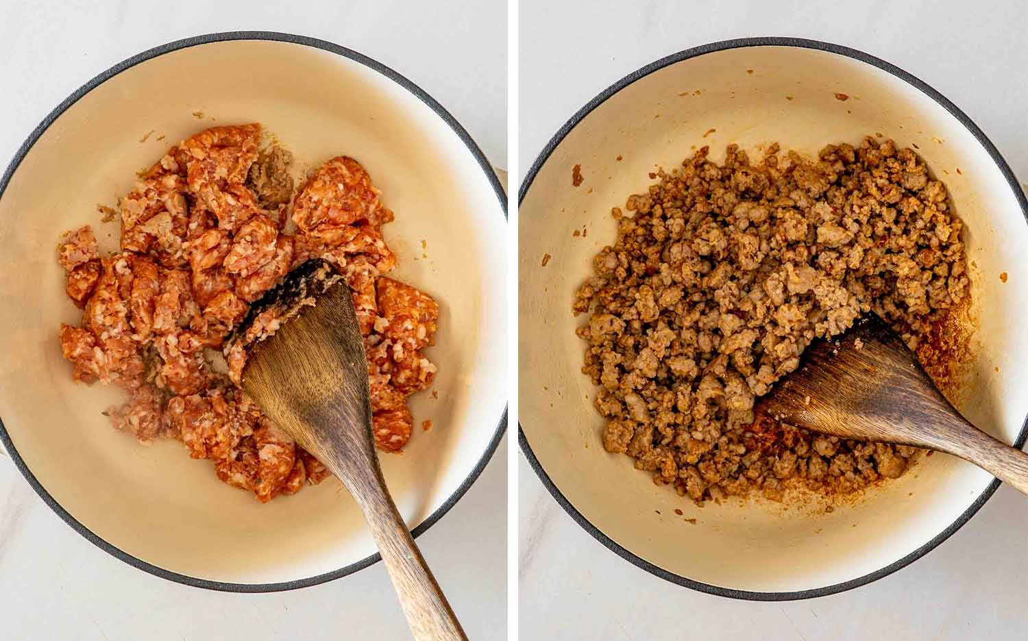 Italian sausage cooks in a Dutch oven and is broken into crumbles until deeply browned and fully cooked.