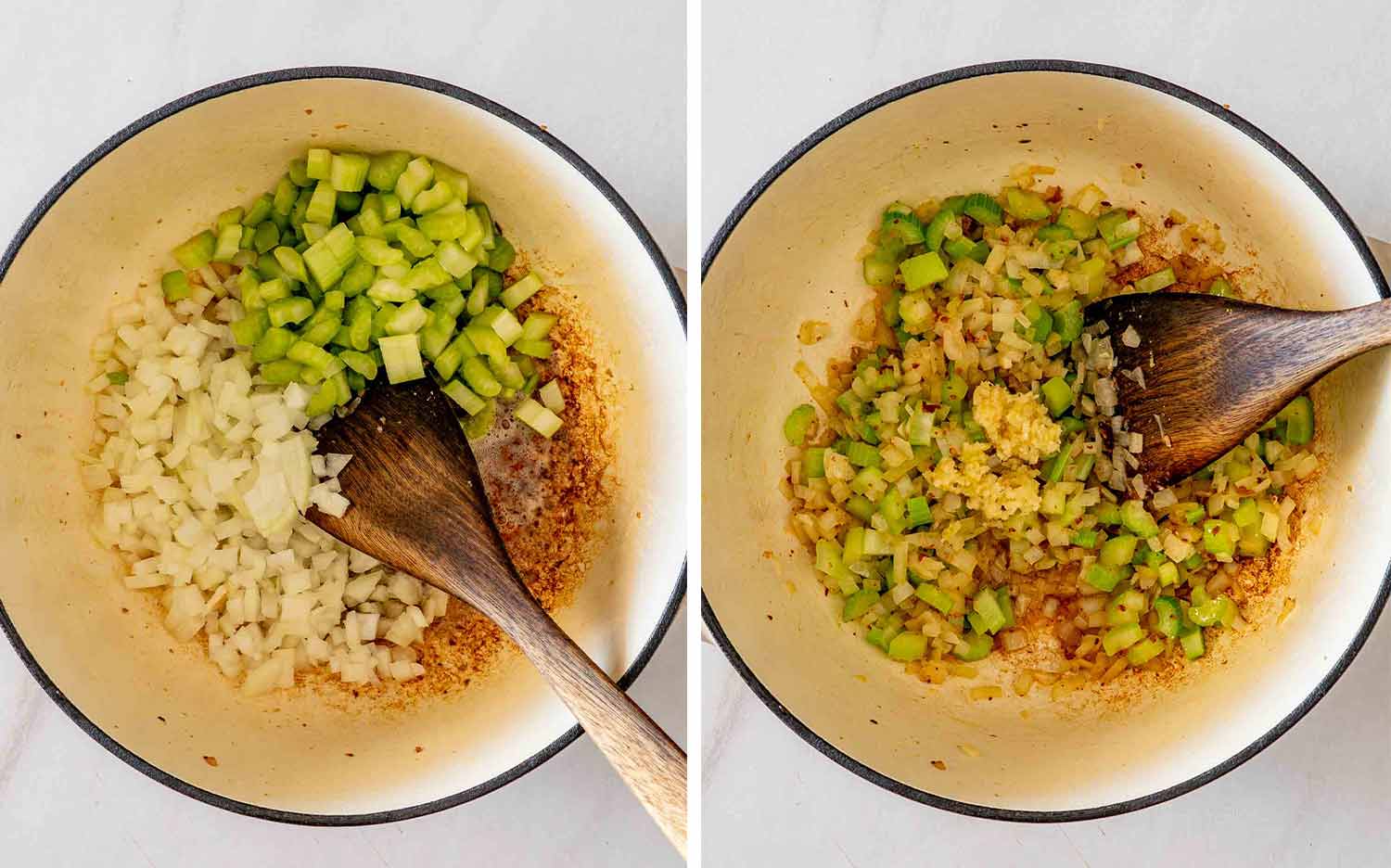 Diced onion and celery are added to the sausage drippings, then saut&eacute;ed with garlic until softened and fragrant.