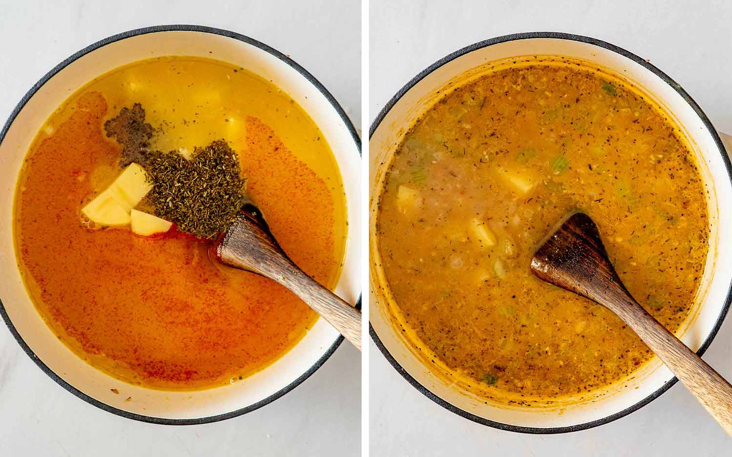 Chicken broth, potatoes, butter, and seasonings simmer together until the potatoes become tender and the soup begins thickening.