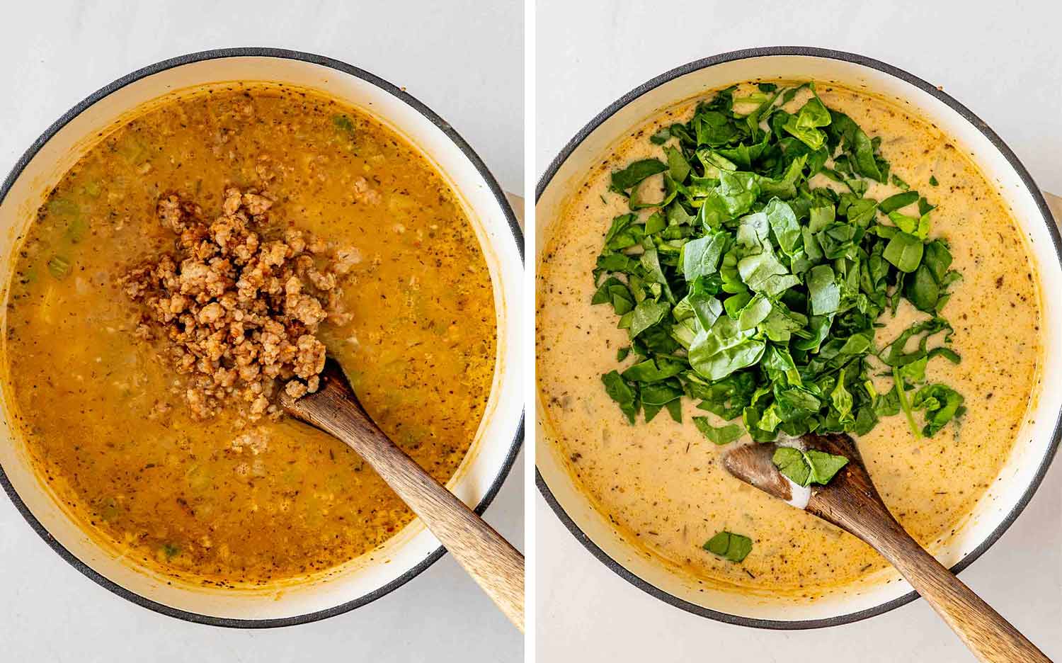 Browned Italian sausage is returned to the creamy potato soup before chopped fresh spinach is added and wilted.