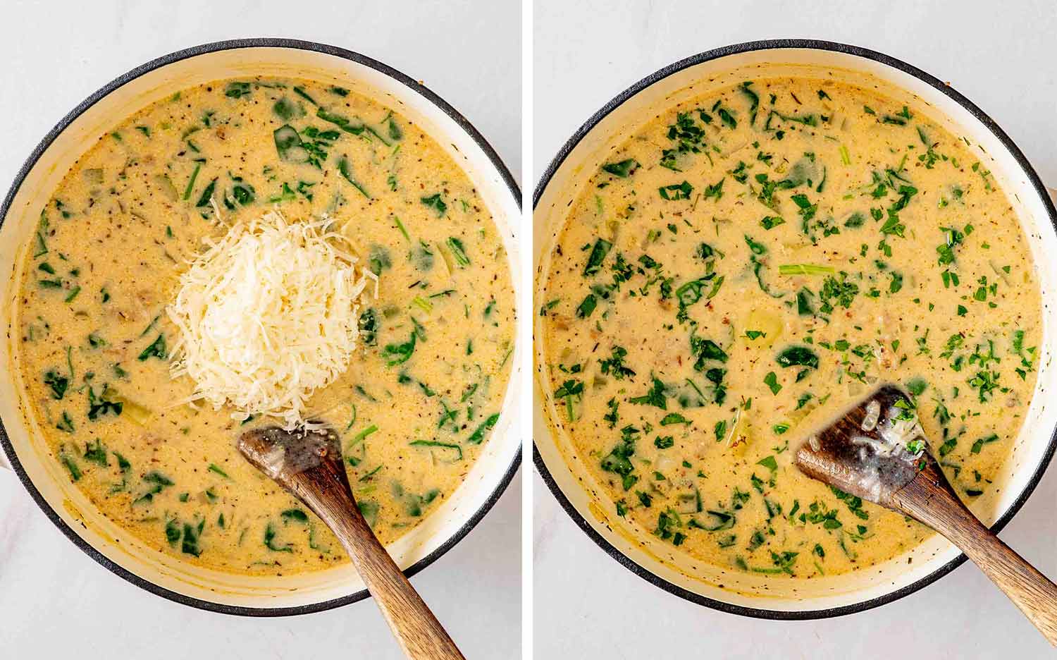 Parmesan cheese is added to the creamy sausage potato soup, then stirred until completely melted and smooth.